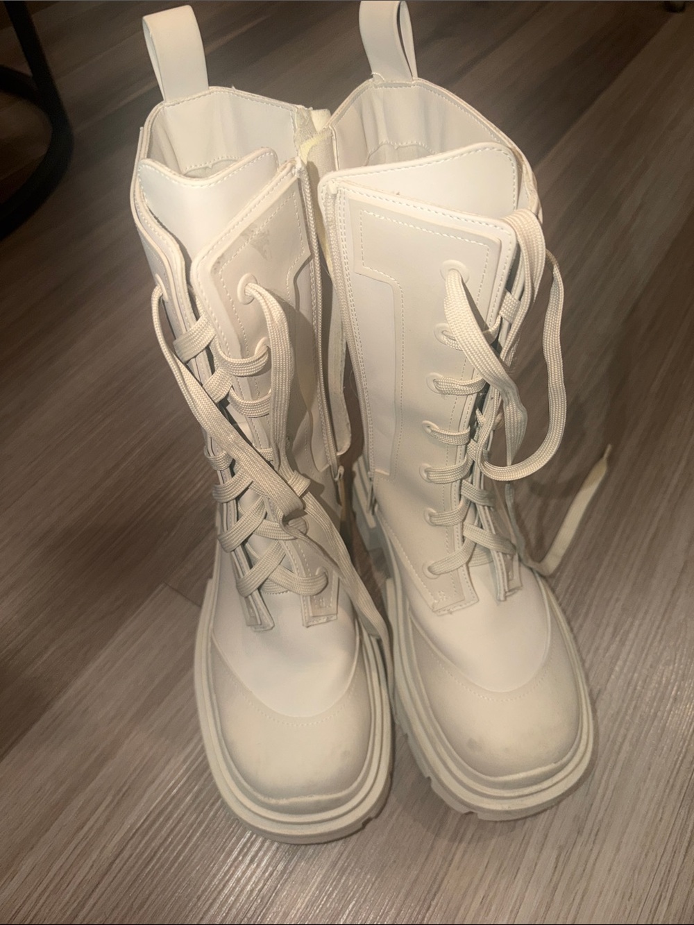 Zara Cream Lace-Up Tall Combat Boots